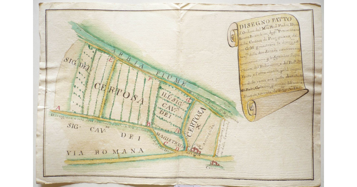 Disegno [...] per mostrare la direzione e situazione delle due Strade controverse [a Ponte d'Arbia]