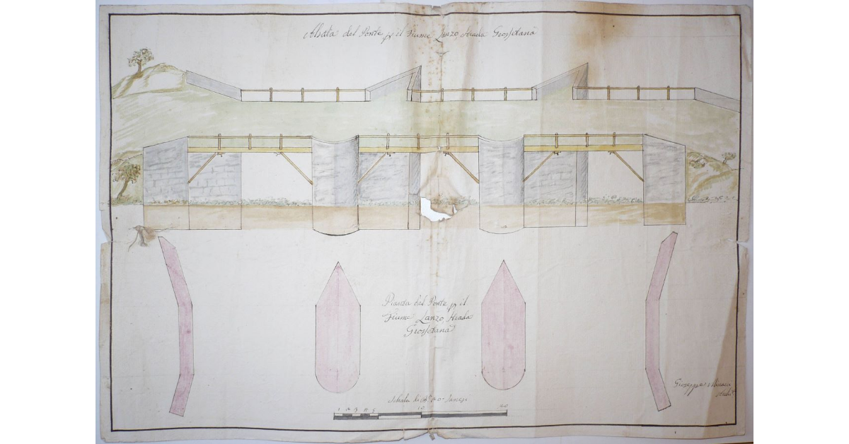 Alzata del Ponte per il Fiume Lanzo, Strada Grossetana (in alto). Pianta del Ponte per il Fiume Lanzo, Strada Grossetana (in basso)