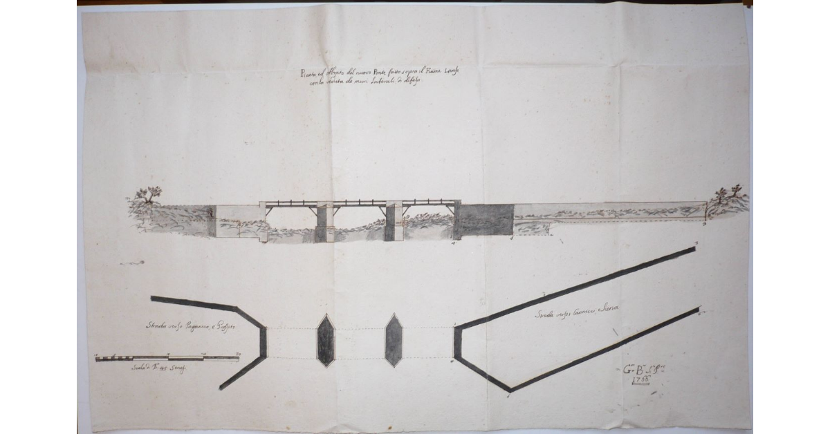 Pianta e Alzato del nuovo Ponte fatto sopra il Fiume Lanzo, con la veduta dei nuovi muri laterali di difesa [sulla Strada Grossetana]