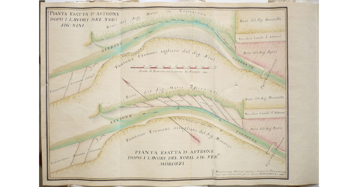 Pianta esatta d'Astrone dopo i lavori del Nobile Signor Nini (in alto). Pianta esatta d'Astrone dopo i lavori del Nobile Signor Ferdinando Morozzi (in basso)