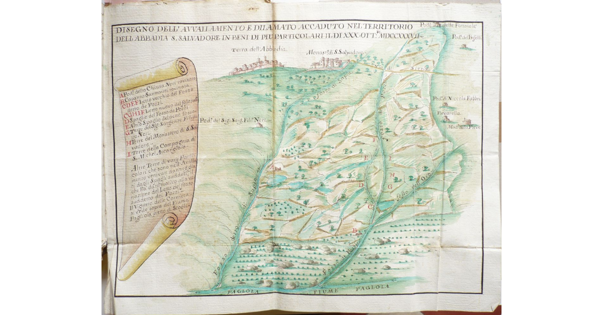 Disegno dell'avvallamento e dilamato accaduto nel territorio dell'Abbadia San Salvadore in beni di più particolari il di XXX ott.bre MDCCXXXVII