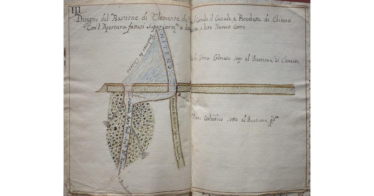 Disegno del Bastione di Clemente che Dimostra il Canale il Canale, e Bocchetta di Chiteno Con l'Apertura fattasi Superiormente a detta Bocchetta, e loro Nuovo Corso
