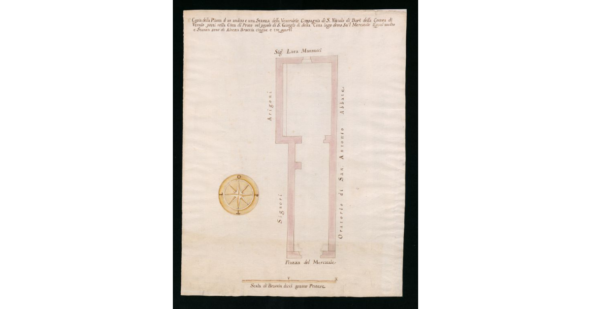 Copia della Pianta d'un andito e una stanza della Venerabile Compagnia di S.Niccolò di Bari della Contea di Vernio posto nella Città di Prato nel Popolo di S. Giorgio di detta Città logo detti il Mercatale, il qual andito e stanza sono di altezza Braccia 5 e tre quarti