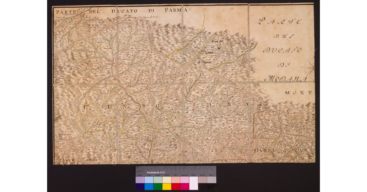 Pianta di parte della Frontiera di Toscana di verso Tramontana con tutte le sue strade carreggiabili e incarreggiabili e distinte. Disegnata e con diligenza ricorretta nell’estate dell’anno MDCCXLVI