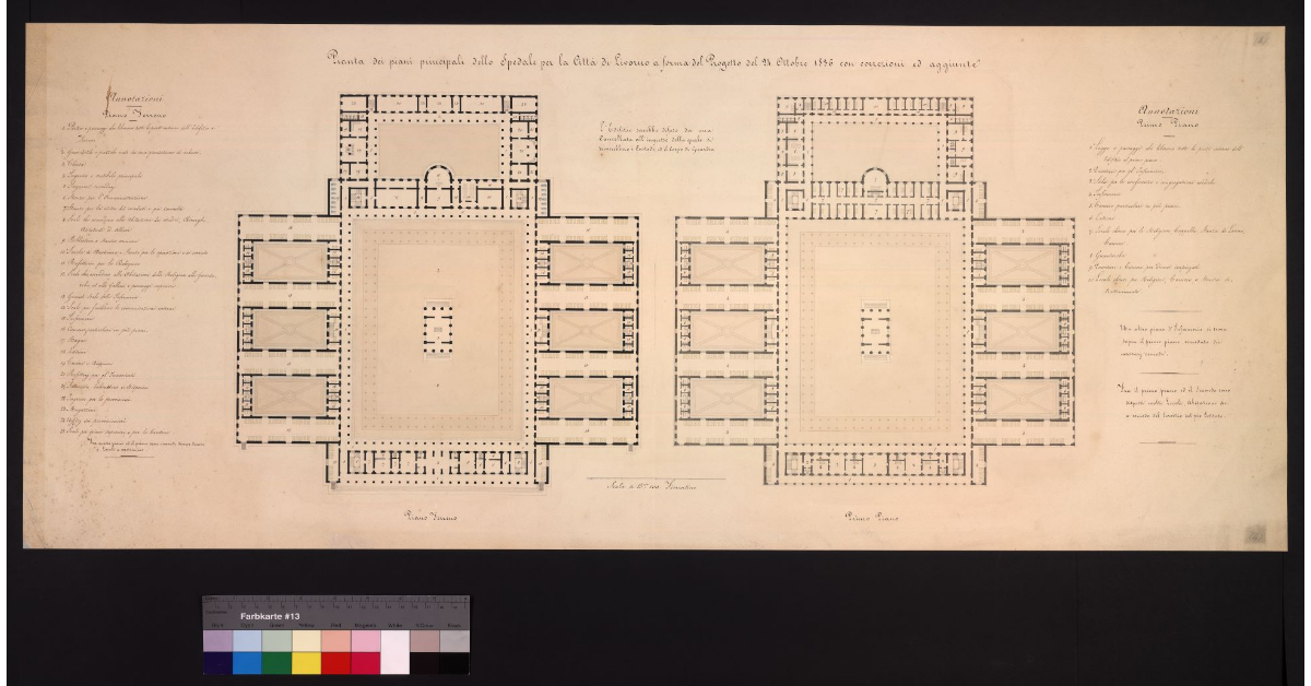 Pianta dei piani principali dello Spedale per la città di Livorno a forma del progetto del 24 ottobre 1836 con correzioni ed aggiunte