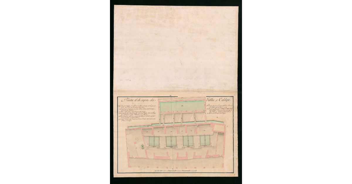 Piante e spaccato che dimostrano la costruzione e stato attuale del capannone ove esistono i quattro Forni da Sale della Moja detta di S. Giovanni. Pianta N.1
