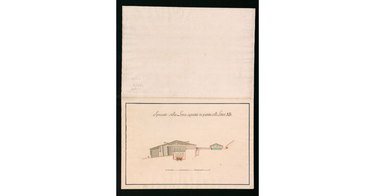 Piante e spaccato che dimostrano la costruzione e stato attuale del capannone ove esistono i quattro Forni da Sale della Moja detta di S. Giovanni. Pianta N.1
