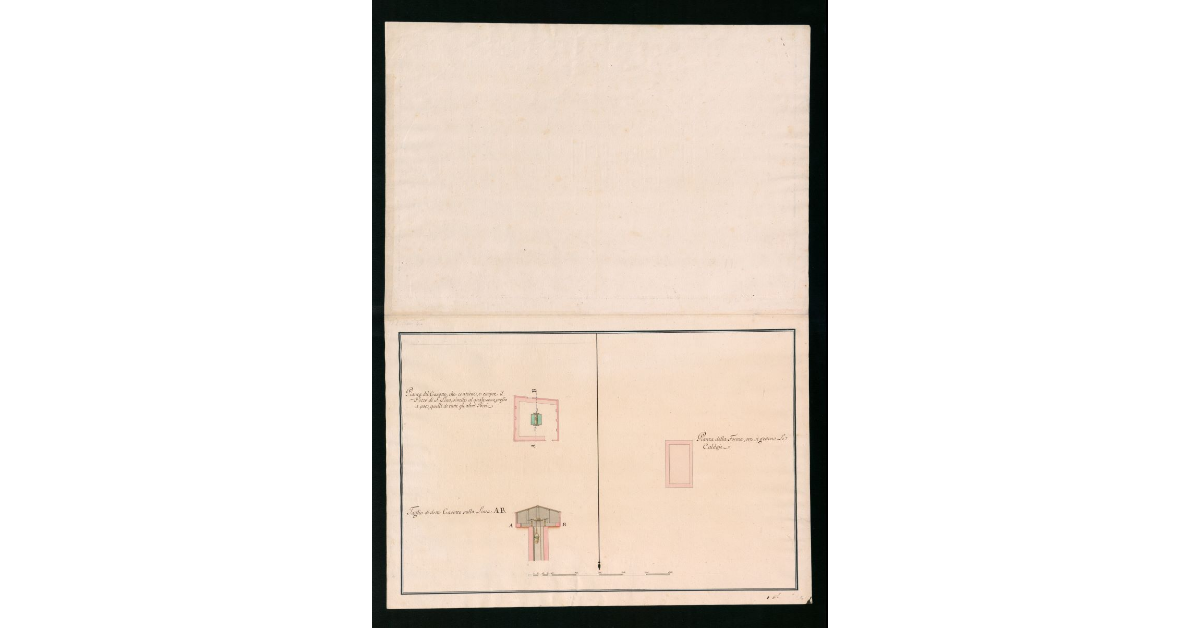 Piante e spaccato che dimostrano la costruzione e stato attuale del capannone ove esistono i quattro Forni da Sale della Moja detta di S. Giovanni. Pianta N.1