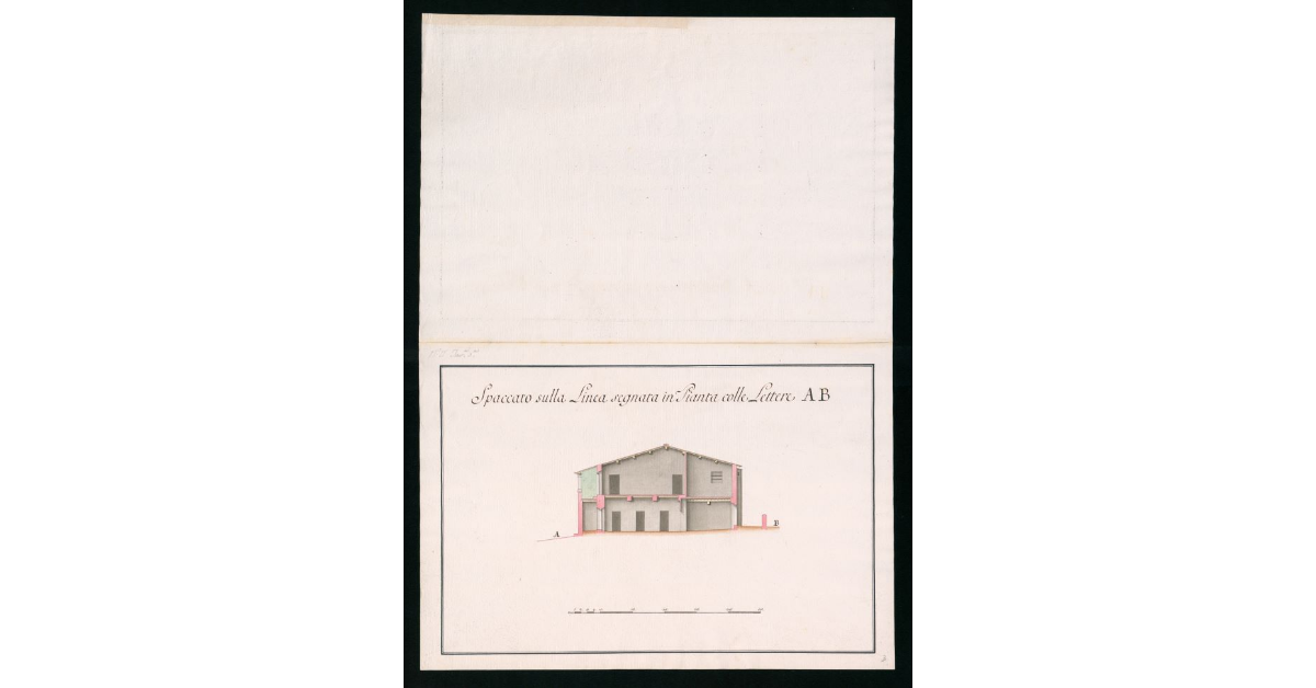 Piante e spaccato della fabbrica attuale in faccia alla Moja del S. Giovanni che contiene i quartieri per i Ministri, la Cappella e altri servizi per uso di detta Moja. Pianta II