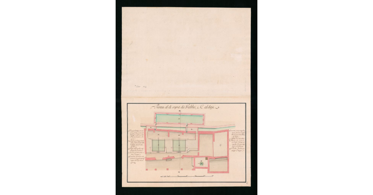 Piante e spaccato che dimostrano la costruzione e stato attuale del Capannone ove esistono i due forni da sale della Moja detta di S. Lorenzo. Pianta VI