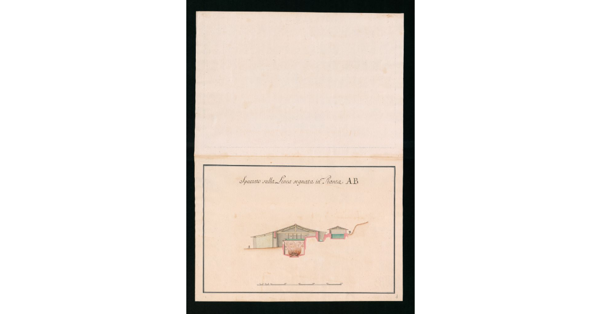 Piante e spaccato che dimostrano la costruzione e stato attuale del Capannone ove esistono i due forni da sale della Moja detta di S. Lorenzo. Pianta VI