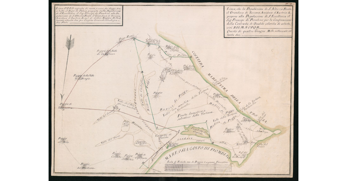 [Pianta del confine giurisdizionale tra Granducato di Toscana e Principato di Piombino nel territorio di Gualdo]