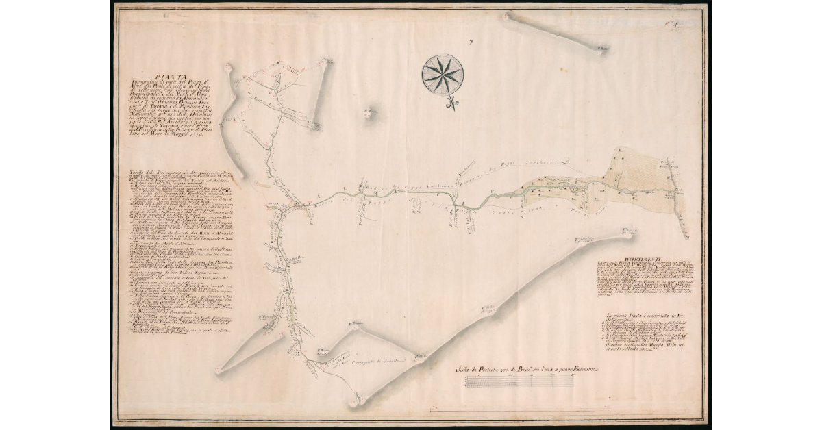 Pianta topografica di parte del piano d' Alma dal ponte di pietra del fiume di detto nome fino alla sommità del Poggio Spada e del Monte d'Alma formata di concerto da Alessandro Nini e tenente Giacomo Benassi ingegneri di Toscana e di Piombino