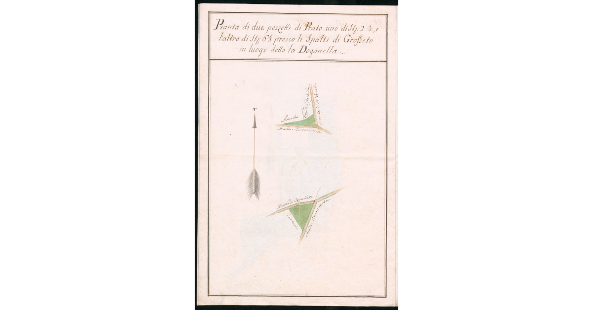 Pianta di due pezzetti di Prato uno di Stiora 2.2/3, e l'altro di Stiora 6.1/3 presso li Spalti di Grosseto in luogo detto la Doganella