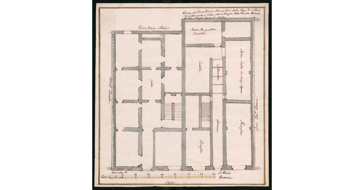 Pianta del Primo Piano sono al paro della Piazza di S.Rocco con sotterranei e grotte sotto la rimessa nella facciata davanti a due stanze sopra la stalla