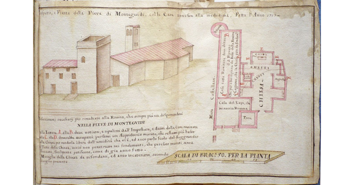 Prospetto e Pianta della Pieve di Monteguidi, colle case annesse alla medesima, Fatta l'anno 1713