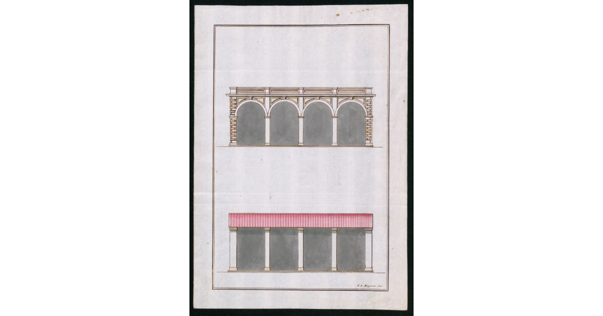 Progetti di facciate di anonimo edificio con porticato