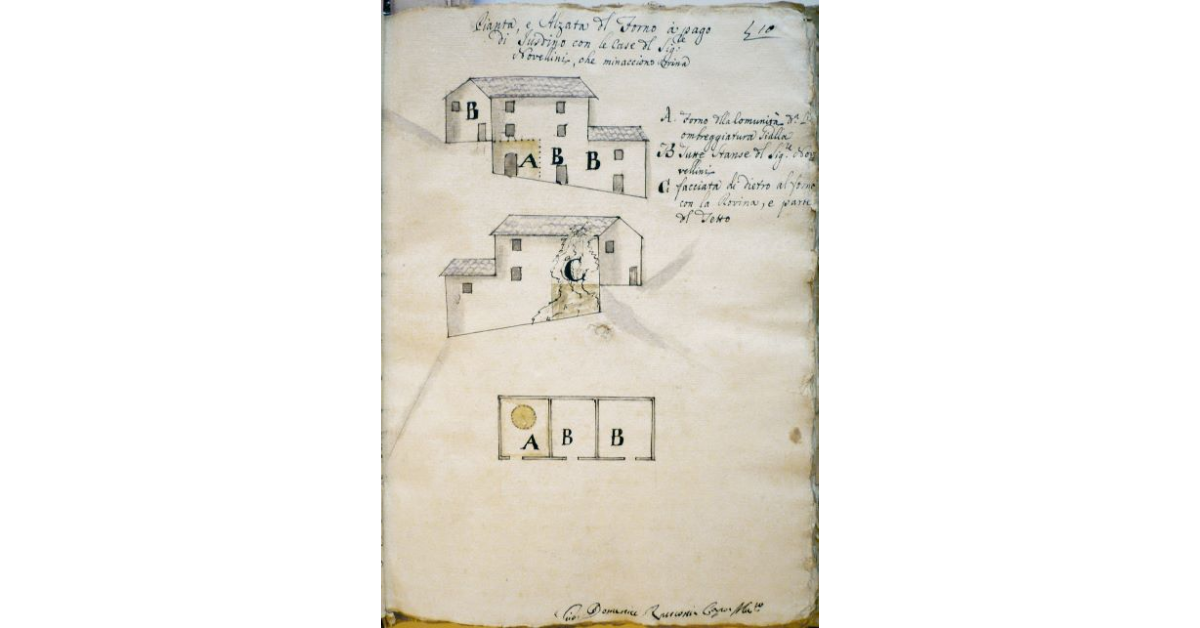 Pianta, e Alzata del Forno à pago di Iusdino con le case del Signor Novellini, che minacciono Rovina