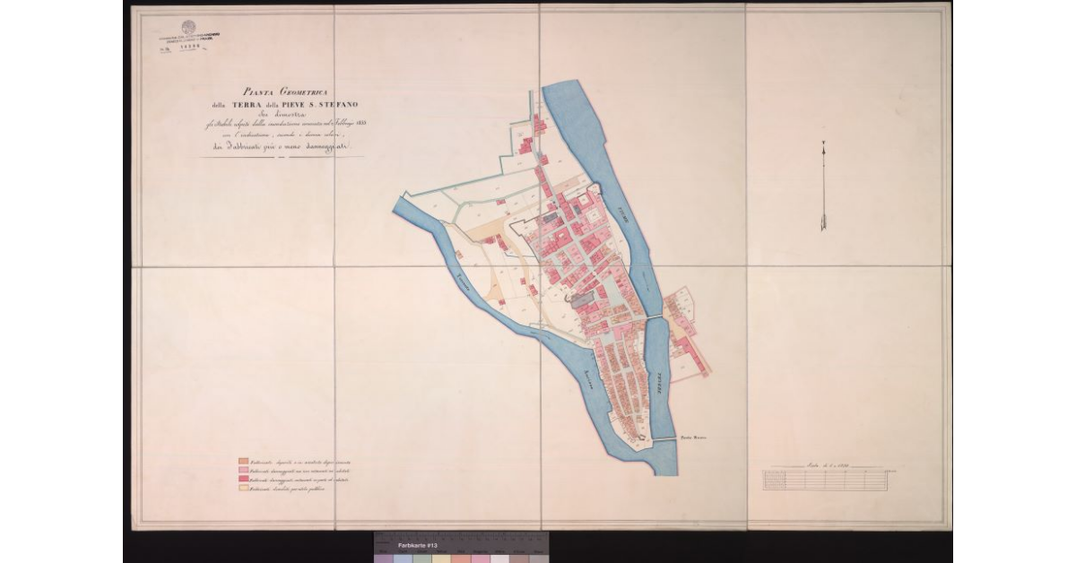 Pianta geometrica della terra della Pieve di S. Stefano che dimostra gli stabili colpiti dall'inondazione avvenuta nel febbraio 1855 [...]