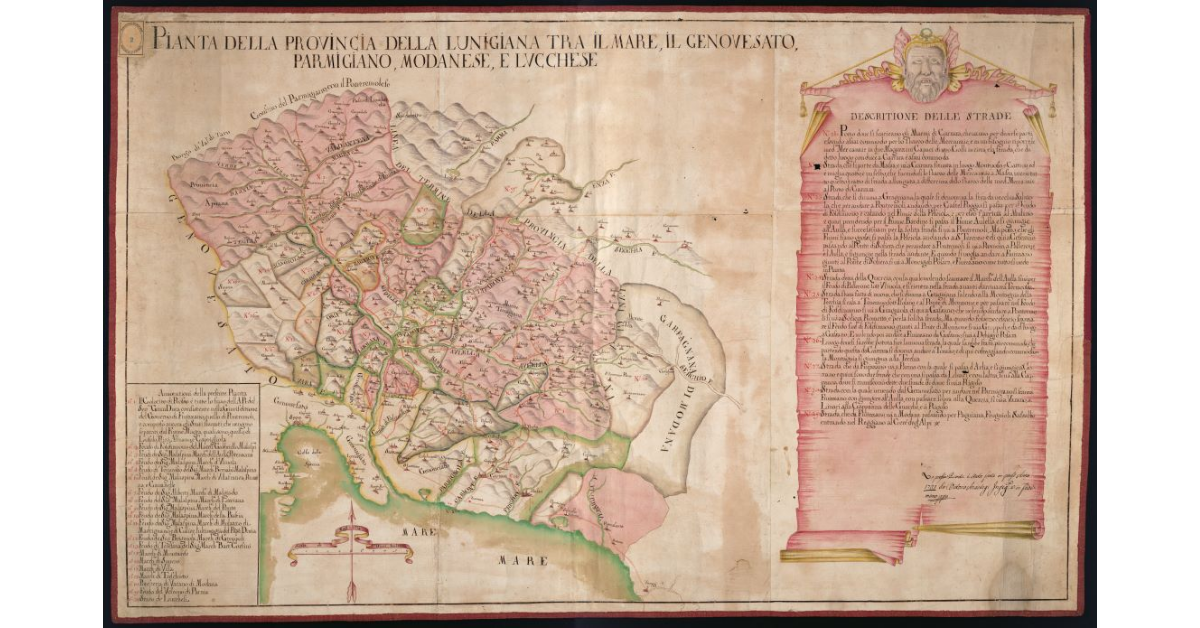 Pianta della provincia della Lunigiana tra il mare, il Genovesato, Parmigiano, Modanese e Lucchese