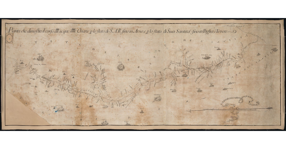 Pianta che dimostra il corso dell'acque delle Chiane per lo stato di S.A.R. fino all'Arno, e per lo stato di Sua Santità fino in Paglia, e Tevere