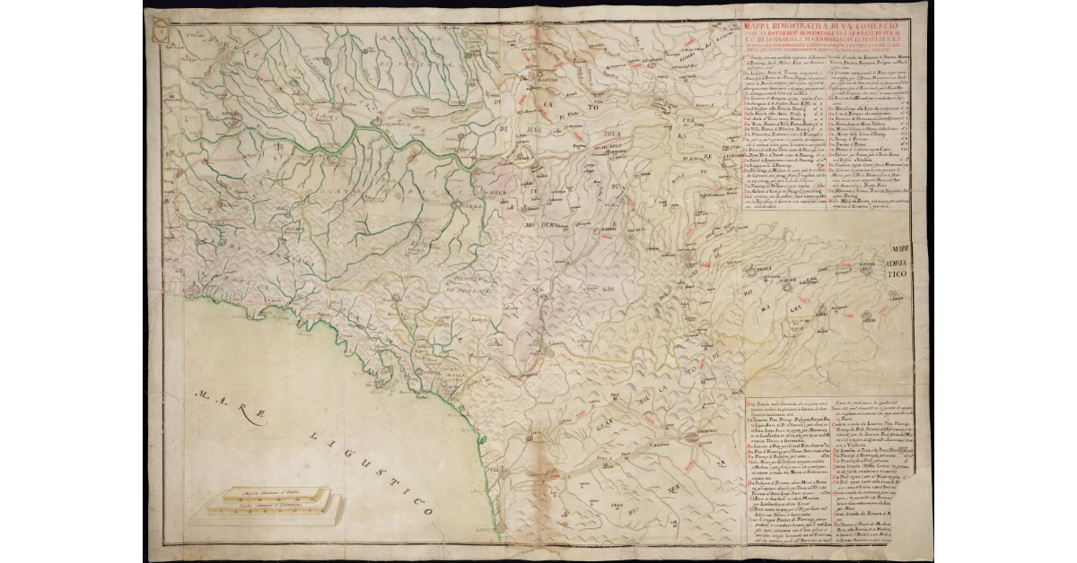 Mappa dimostrativa di un commercio che si potrebbe aumentare tra li stati di sua M.C.C. di Lombardia, e di Germania con li stati di S.A.R. di Toscana con regolate condotte di aqua e da terra come si anderà qui sotto succintamente dimostrando per sei strade