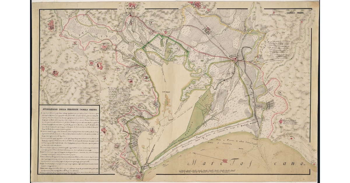 [Carta del lago di Castiglion delle Pescaia dopo l'intervento di bonifica condotto da Leonardo Ximenes nel 1785]