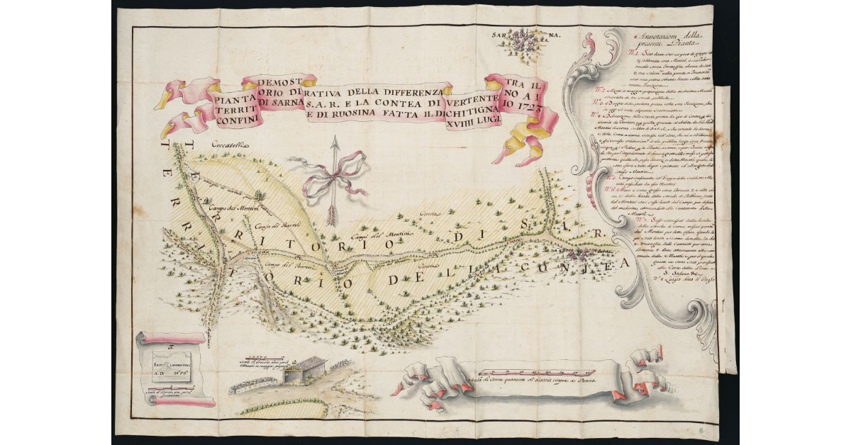 Pianta demostrativa della differenza vertente tra il territorio di S.A.R. e la Contea di Chitignano ai confini di Sarna e Rosina, fatta il dì XVIII luglio 1723
