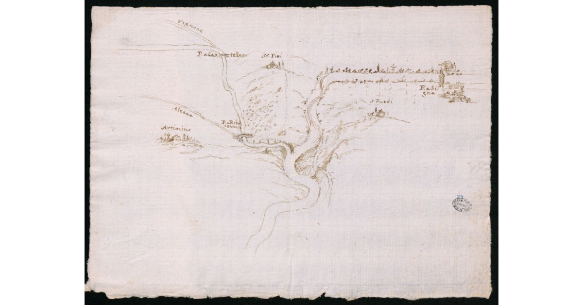 [Pianta prospettica del tratto finale dell'Ombrone Pistoiese nel territorio fra Montalbano e Ponte a Signa]