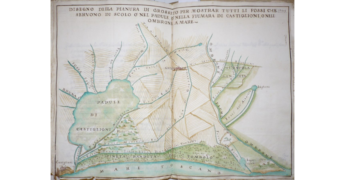 Disegno della pianura di Grosseto per mostrar tutti li fossi che servono di scolo ò nel padule, ò nella fiumara di Castiglioni, ò nell'Ombrone à mare