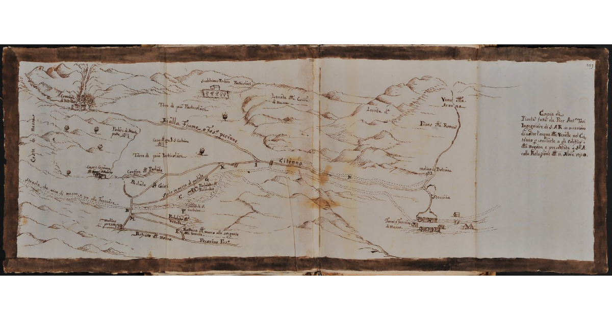Copia di Pianta fatta da Pier Antonio Tosi Ingegnere di S.A.R. in occasione di voltar l'acqua delle Venelle nel Citenno per condurle a gli edifizi della Magona e presentata a S. A. colla relazione delli II ottobre 1720