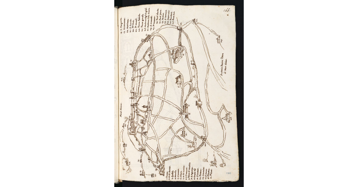 [Veduta della cerchia muraria di Montalcino con le strade e gli edifici principali]