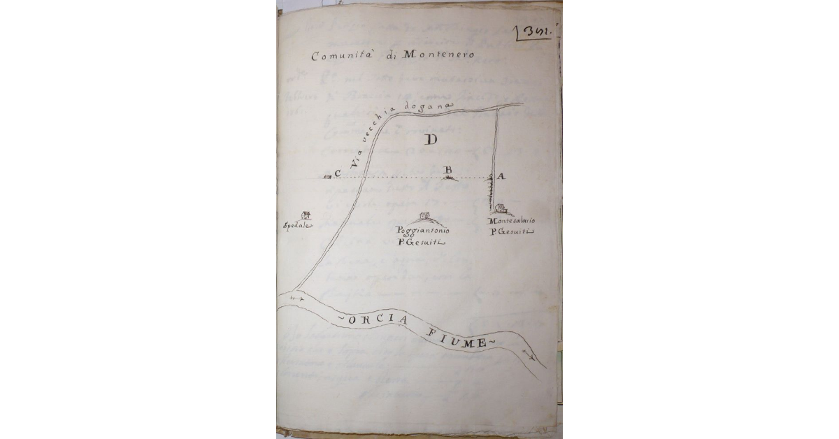 [Disegno della linea di confino tra i beni della comunità di Monte Nero e quelli dei Reverendi Padri Gesuiti, il podere Monte Salario e il podere Poggiantonio]