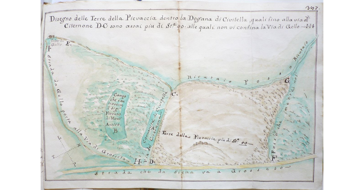 Disegno delle Terre della Pievaccia dentro la Dogana di Civitella, quali fino alla Via del Citernone D-C sono assai pià di Stara 40 alle quali non vi confina la Via di Gello I-H