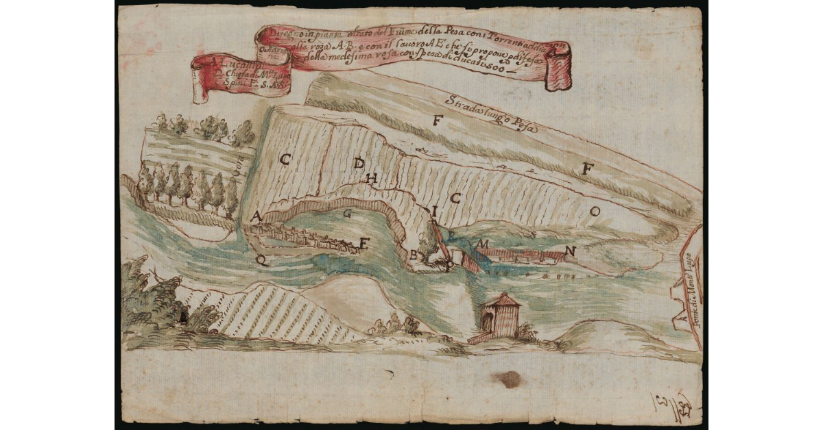 Disegno in pianta ed alzato del fiume Pesa con torrenti adiacenti alla rosa AB e con il lavoro AE che si propone a difesa della medesima rosa