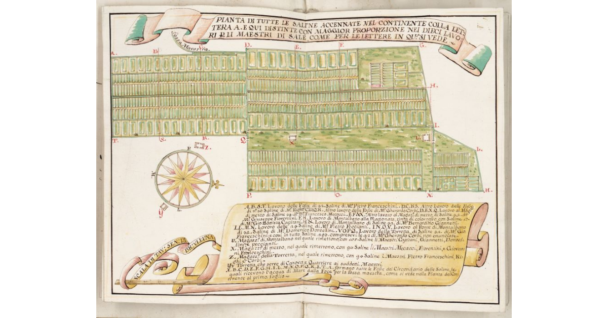 Pianta di tutte le saline accennate nel continente colla lettera A e qui distinte con maggior proporzione nei dieci lavori per i maestri di sale, come per le lettere in questa si vede