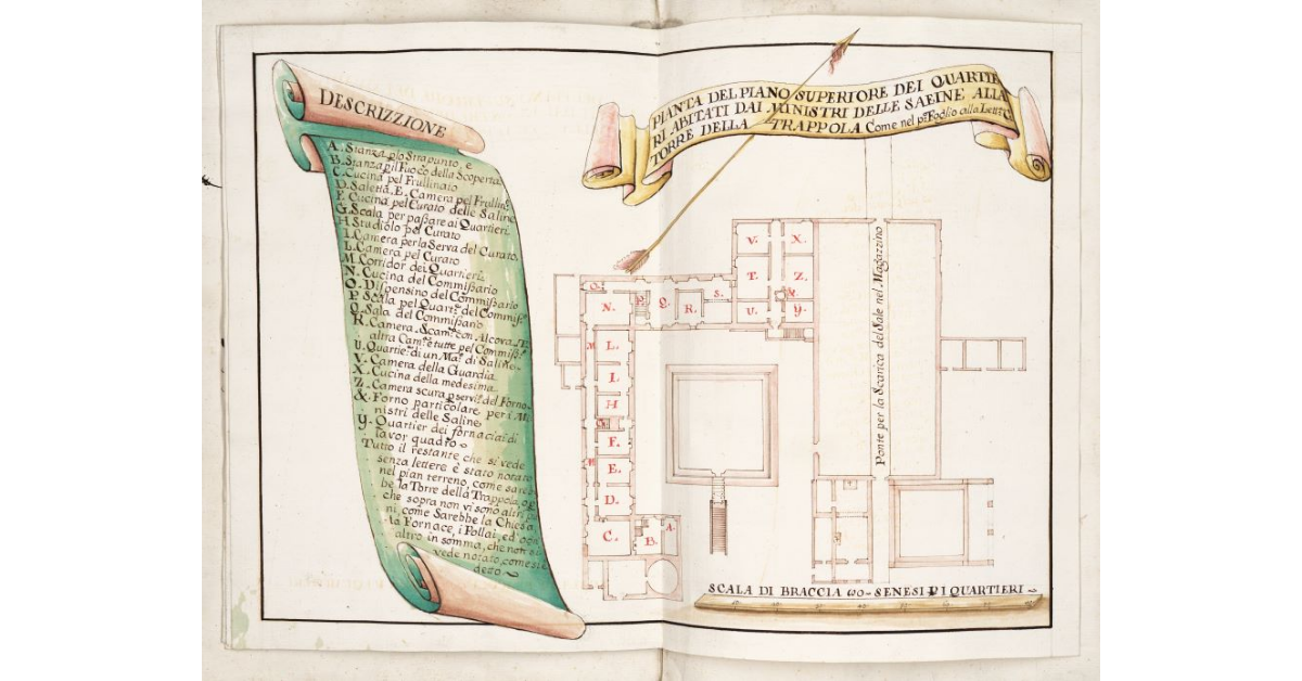 Pianta del piano superiore dei quartieri abitati dai ministri delle Saline alla Torre della Trappola come nel p[rimo] Foglio alla Let[tera] C