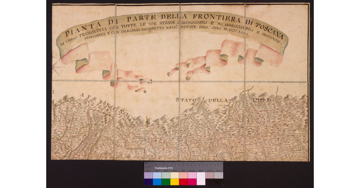 Pianta di parte della Frontiera di Toscana di verso Tramontana con tutte le sue strade carreggiabili e incarreggiabili e distinte. Disegnata e con diligenza ricorretta nell’estate dell’anno MDCCXLVI