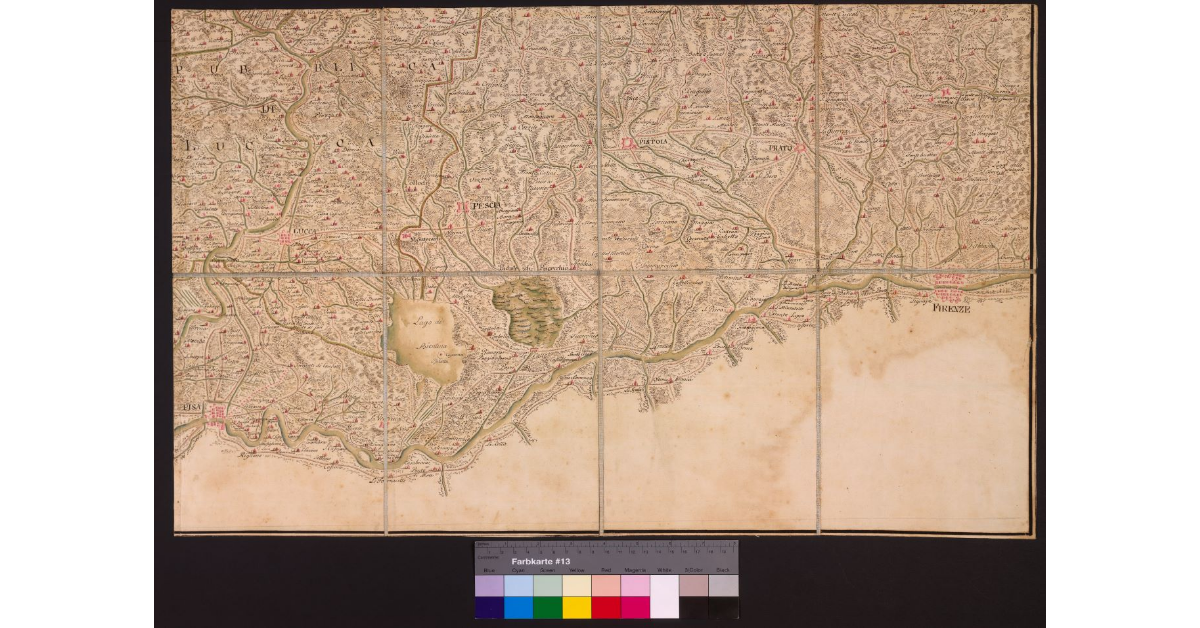 Pianta di parte della Frontiera di Toscana di verso Tramontana con tutte le sue strade carreggiabili e incarreggiabili e distinte. Disegnata e con diligenza ricorretta nell’estate dell’anno MDCCXLVI