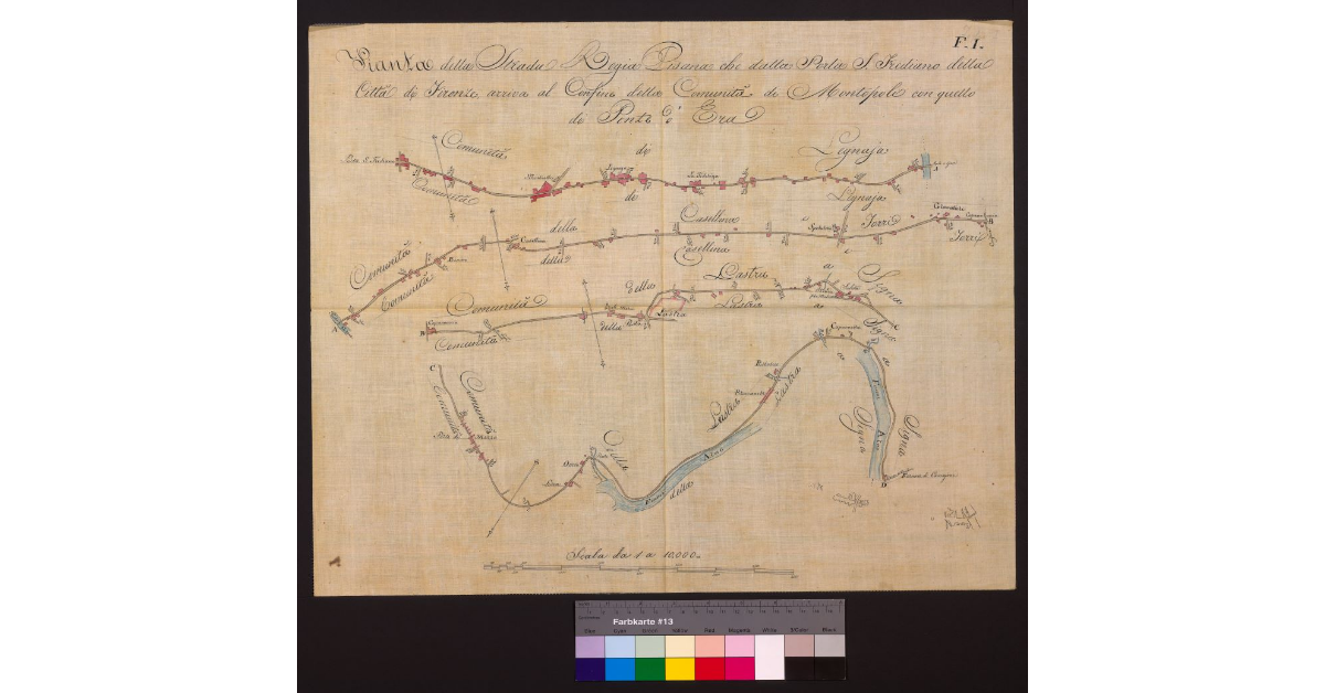 Pianta della strada regia pisana che dalla porta S. Frediano, della città di Firenze, arriva al confine della comunità di Montopoli con quella di Ponte d'Era