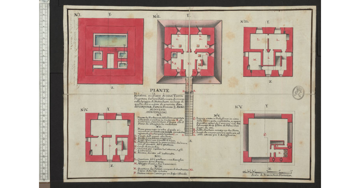 Piante relative ai piani d'una torre, progettata da farsi fabbricare di nuovo nella spiaggia di Pietrasanta, in luogo di quella che vi esiste di presente detta del Cinquale fatta in Firenze l'anno MDCCLVIII