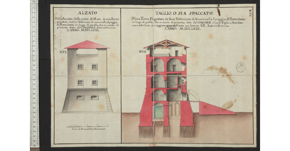 [Alzato e taglio d’una torre progettata al Cinquale]