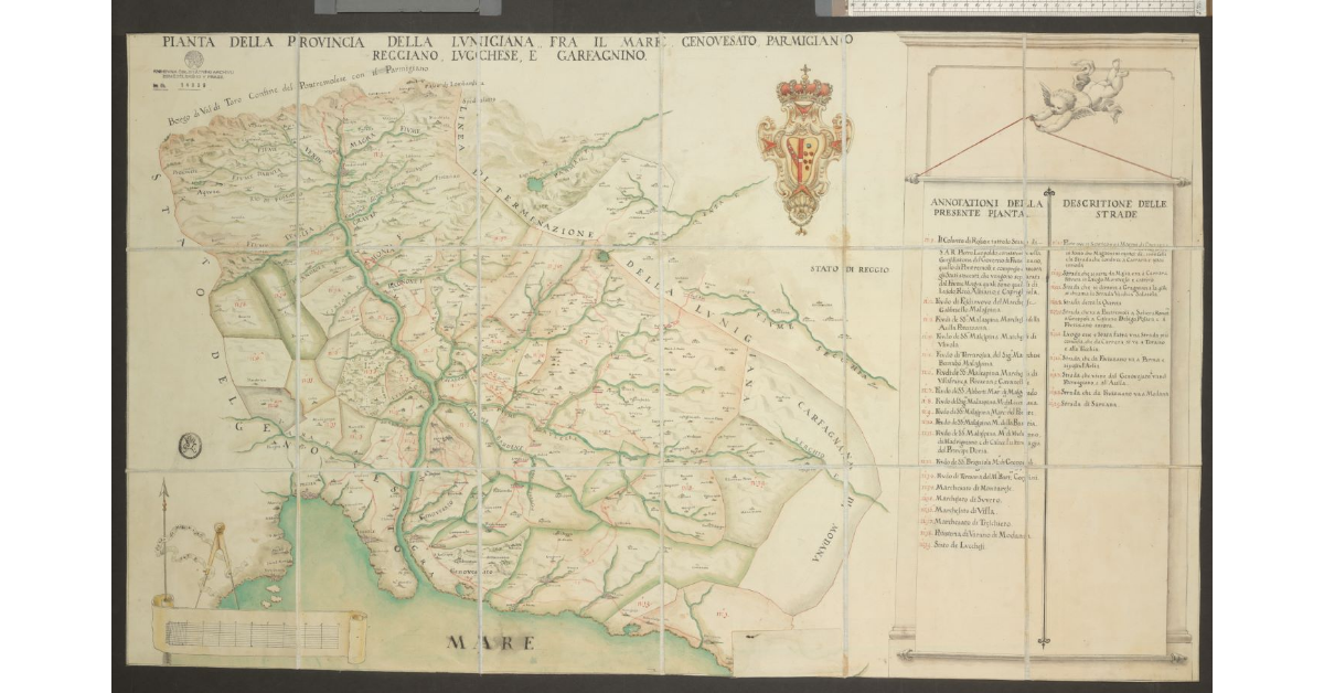 Pianta della Provincia della Lunigiana, fra il mare, Genovesato, Parmigiano, Reggiano, Lucchese e Garfagnino