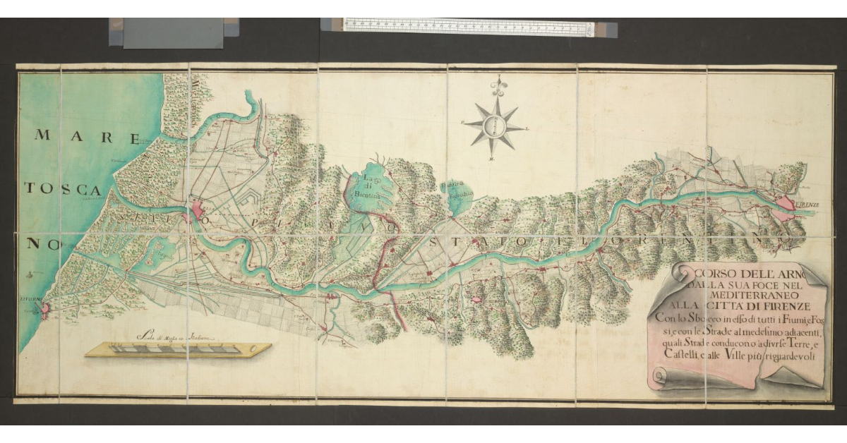 Corso dell’Arno dalla sua Foce nel Mediterraneo alla Città di Firenze con lo sbocco in esso di tutti i Fiumi, e Fossi, e con le Strade al medesimo adiacenti, quali Strade conducono a diverse Terre, e Castelli, e alle Ville più riguardevoli