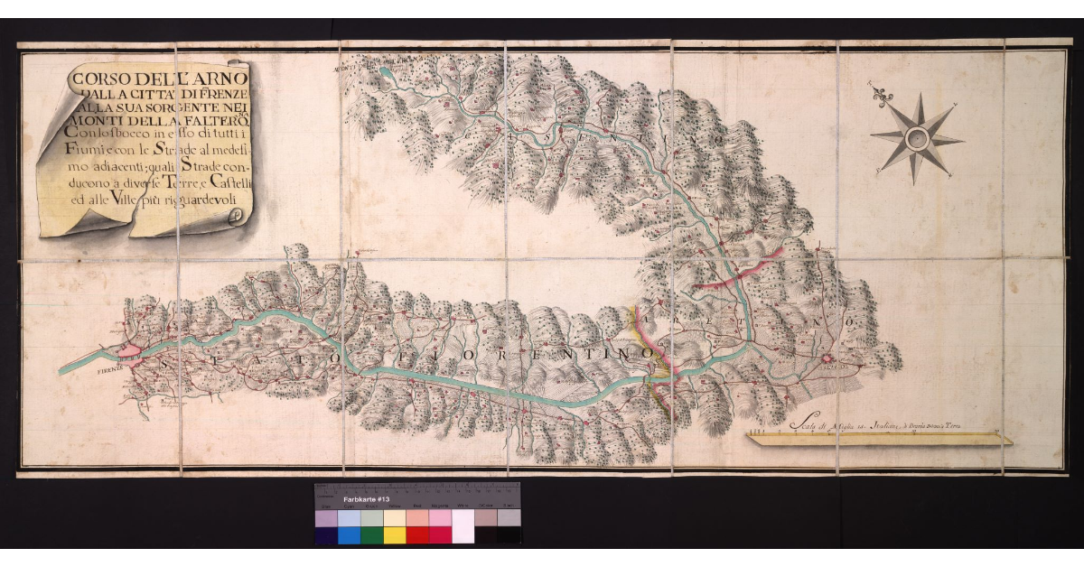 Corso dell’Arno dalla Città di Firenze alla sua Sorgente nei Monti della Falterona, con lo sbocco in esso di tutti i Fiumi, e con le Strade al medesimo adiacenti; quali Strade conducono a diverse Terre, e Castelli ed alle Ville più riguardevoli