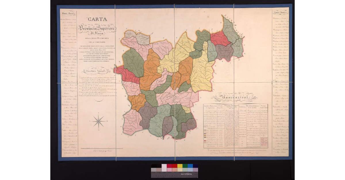 Carta della provincia superiore di Siena divisa nelle 35 comunità che la compongono
