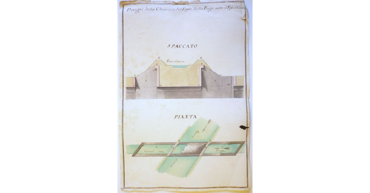 Disegni della Chiavica del Fosso della Fuga sotto il Foss'à Cornio. (Spaccato in alto, Pianta in basso)