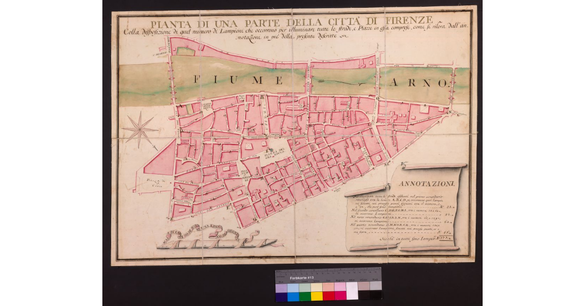 Pianta di una parte della città di Firenze colla disposizione di quel numero di lampioni che occorrono per illuminare tutte le strade e piazze in essa comprese come si rileva dall'annotazioni in piè della presente descritte