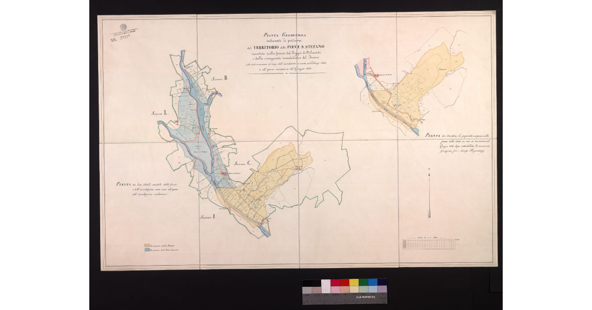 Pianta geometrica indicante le porzioni del territorio della Pieve S. Stefano, investite dalla frana del poggio di Belmonte e dalla conseguente inondazione del Tevere, nello stato in cui erano nel tempo dell'inondazione avvenuta nel febbraio 1855 e all'epoca successiva del giugno 1856