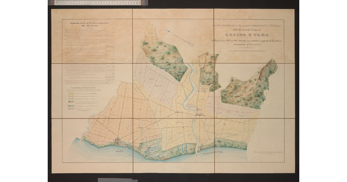 Pianta geometrica nella proporzione di 1 a 20.000 delle due antiche tenute di Cecina e Vada e della porzione dell'antiche macchie della Magona congiunte al territorio denominato il Paratino. Comprese nella comunità di Bibbona, Montescudaio, Riparbella e Rosignano